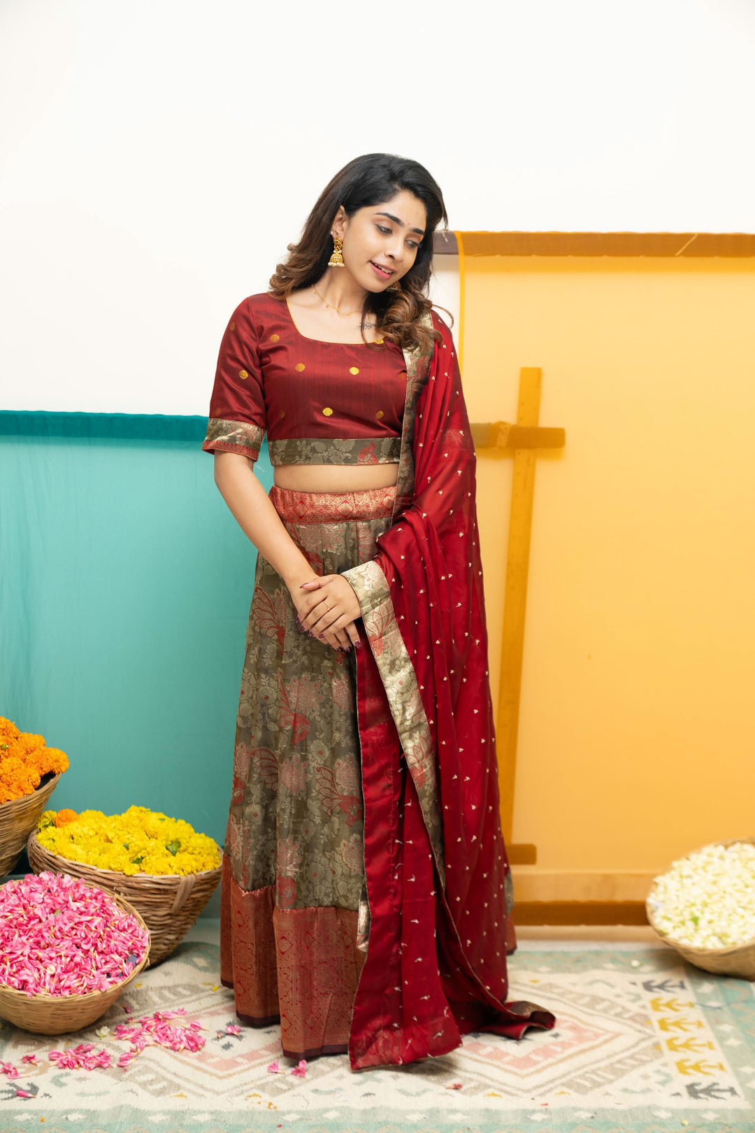 Ishwarya Maroon Crop top & Skirt| Made To Order