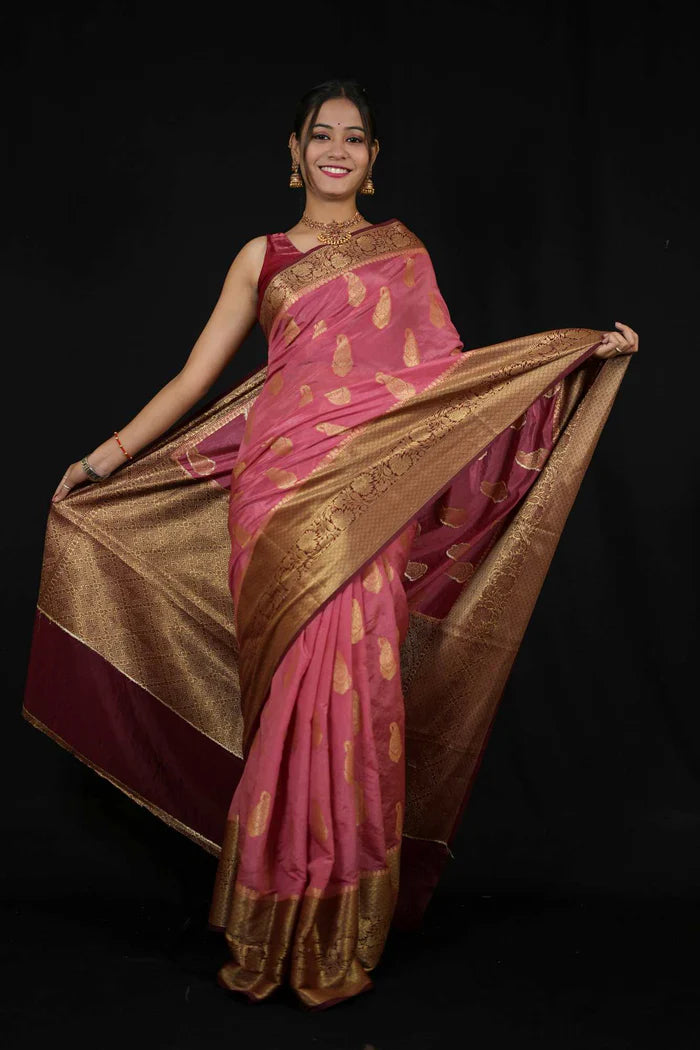 Pink Semi Silk with Intricate Zari Weaving Paisley Motifs ready to wear saree | SILK MARK CERTIFIED