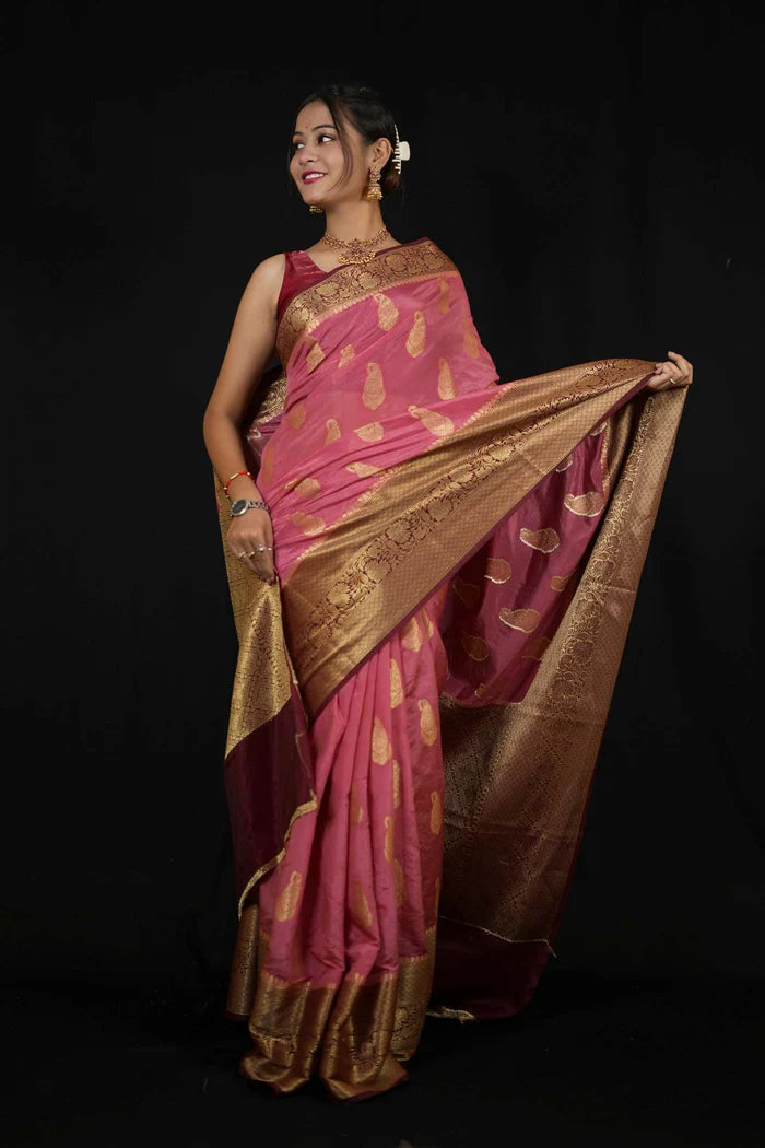 Pink Semi Silk with Intricate Zari Weaving Paisley Motifs ready to wear saree | SILK MARK CERTIFIED