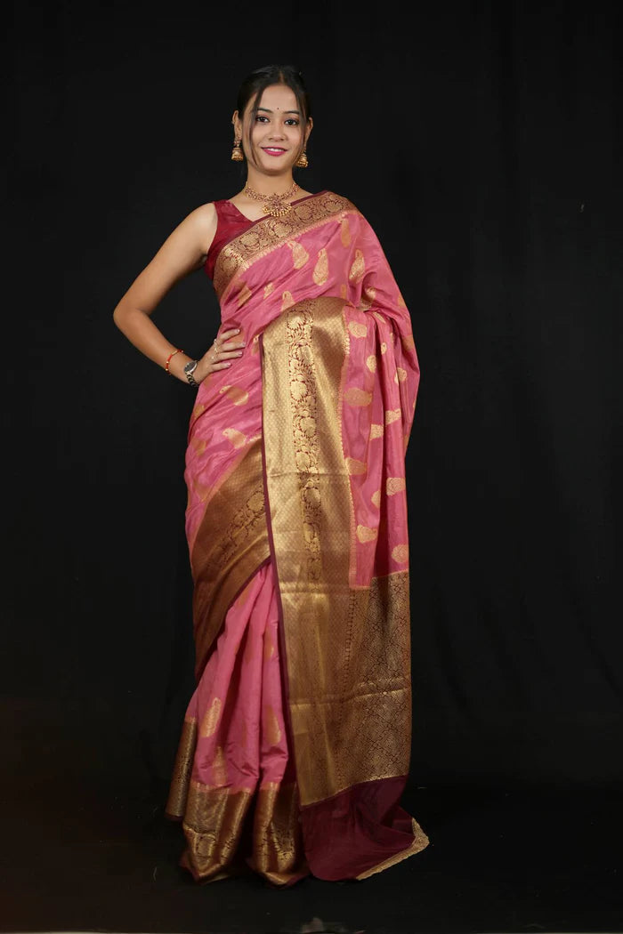 Pink Semi Silk with Intricate Zari Weaving Paisley Motifs ready to wear saree | SILK MARK CERTIFIED