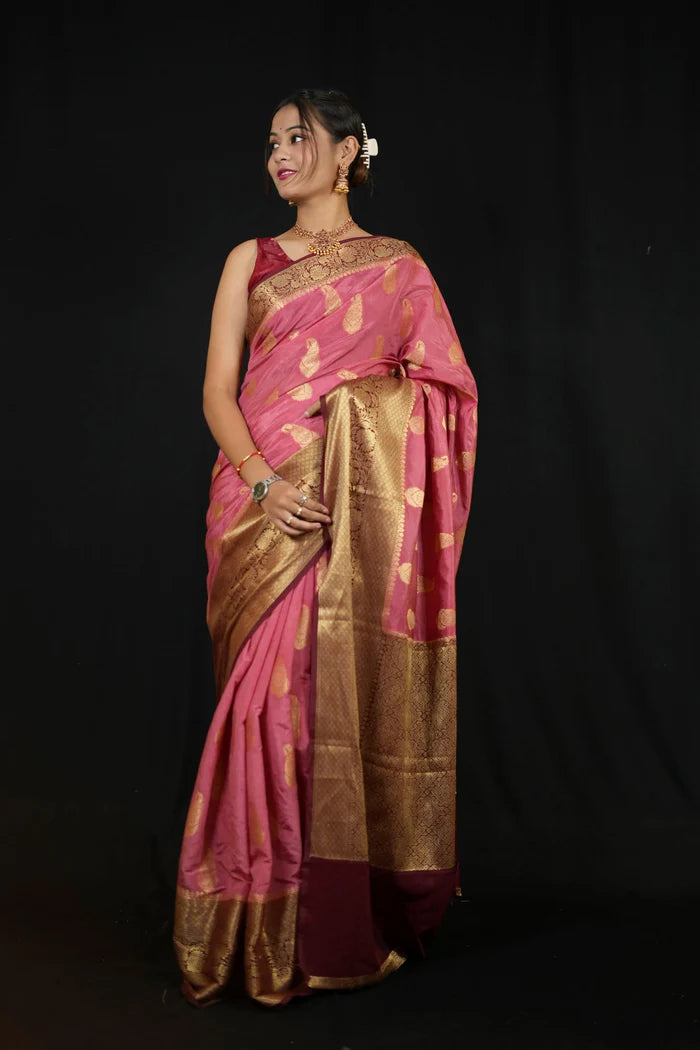 Pink Semi Silk with Intricate Zari Weaving Paisley Motifs ready to wear saree | SILK MARK CERTIFIED