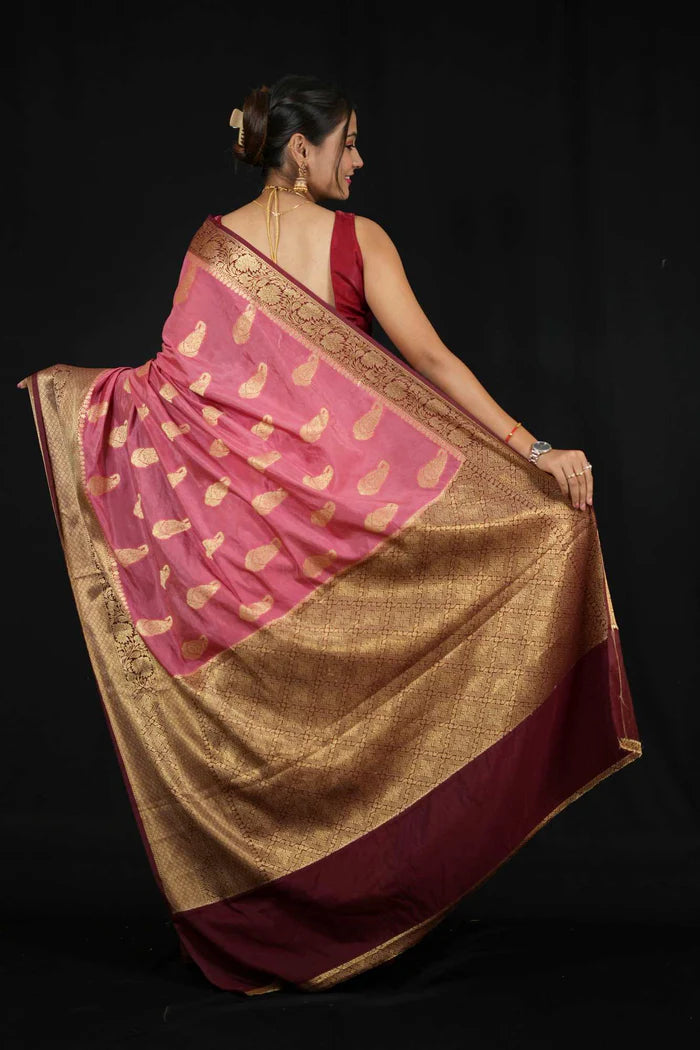 Pink Semi Silk with Intricate Zari Weaving Paisley Motifs ready to wear saree | SILK MARK CERTIFIED