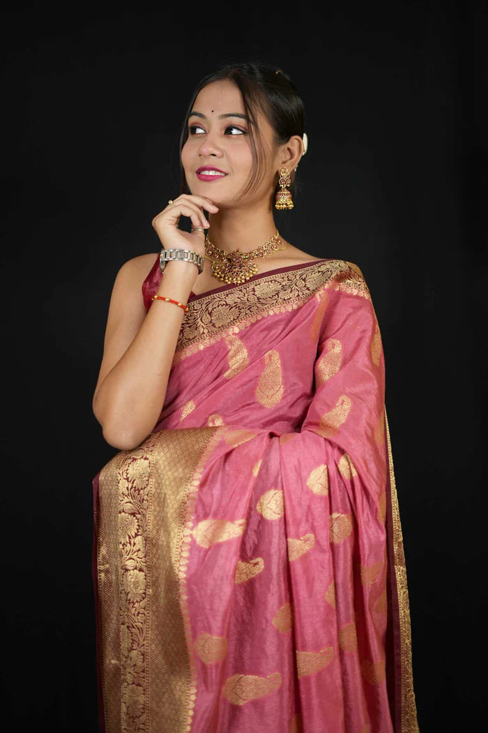 Pink Semi Silk with Intricate Zari Weaving Paisley Motifs ready to wear saree | SILK MARK CERTIFIED