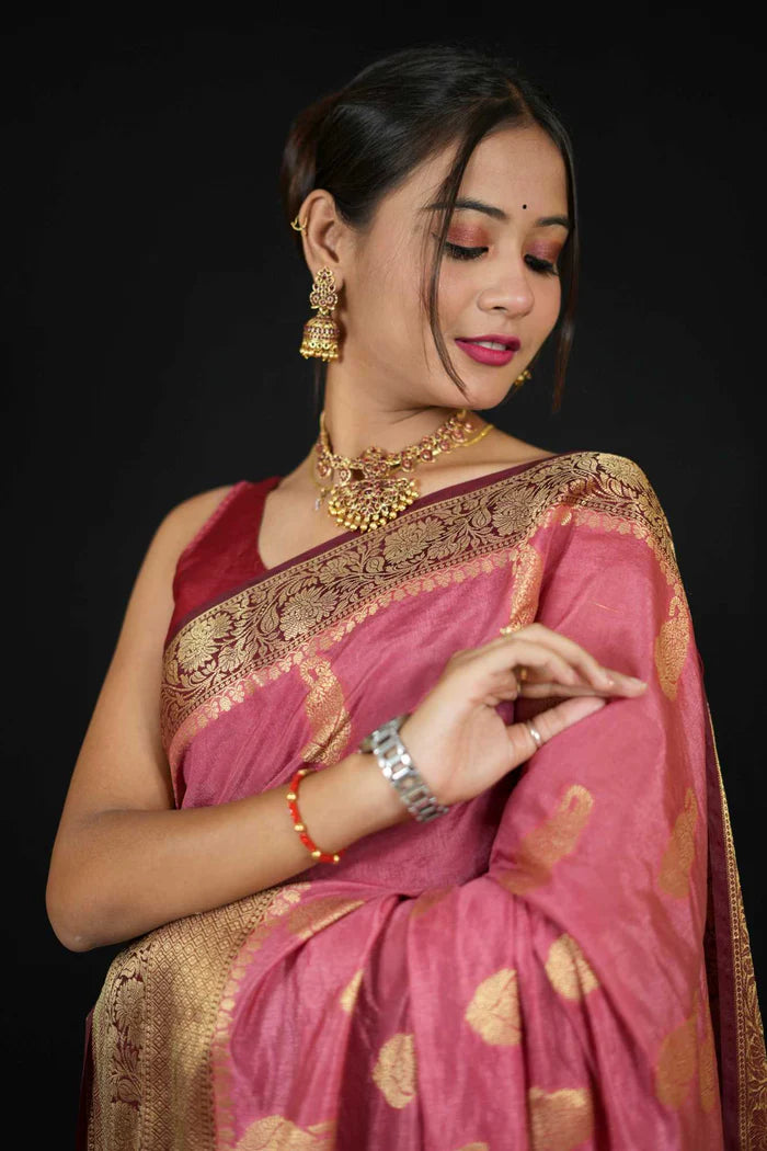 Pink Semi Silk with Intricate Zari Weaving Paisley Motifs ready to wear saree | SILK MARK CERTIFIED