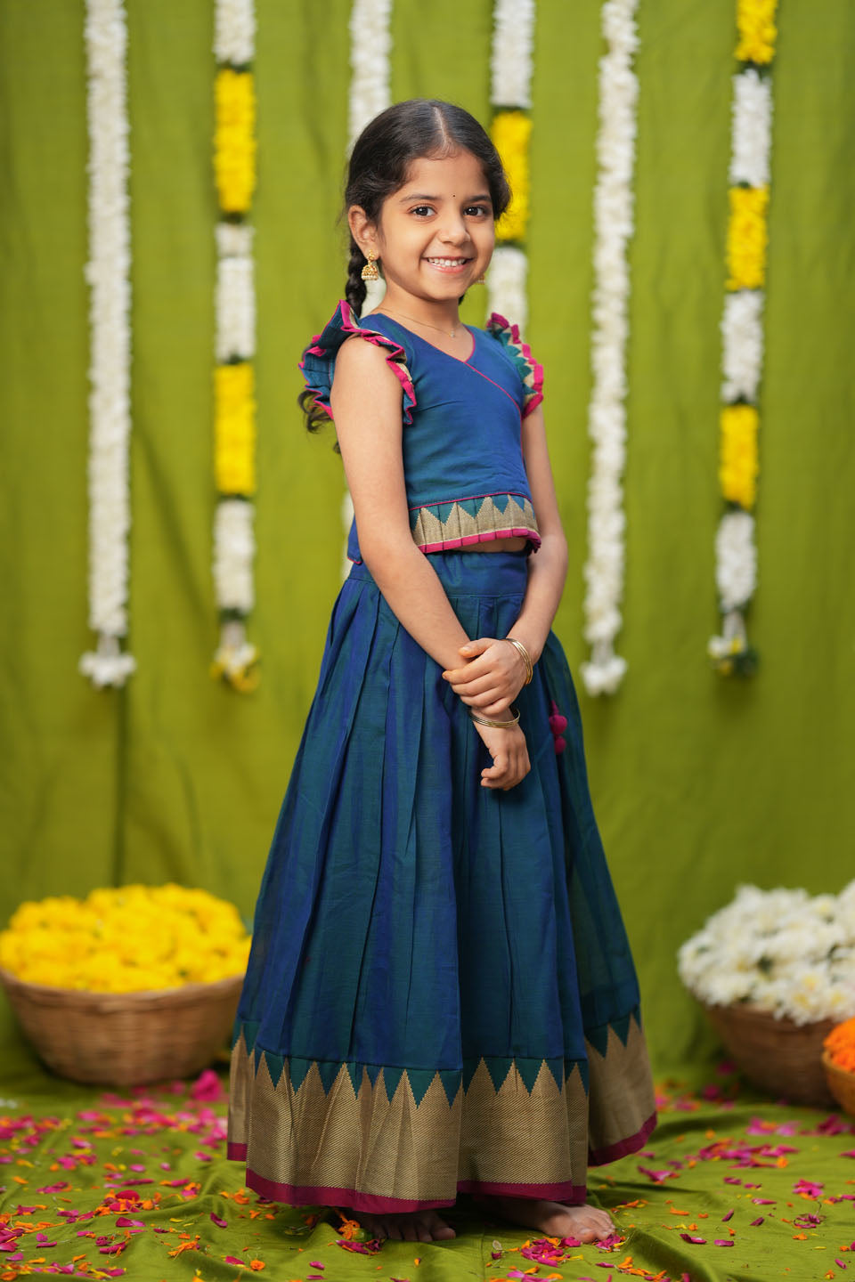 Gautami Teal Handlloom Top & Skirt Mini | Made to Order | SHOBITAM