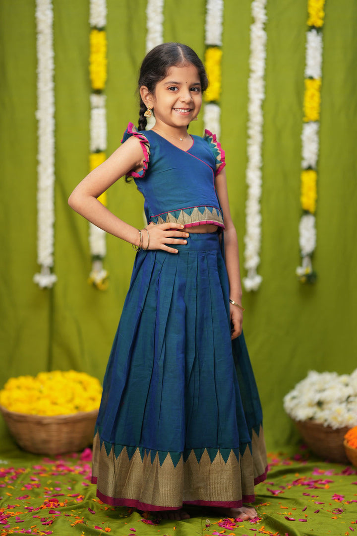 Gautami Teal Handlloom Top & Skirt Mini | Made to Order | SHOBITAM