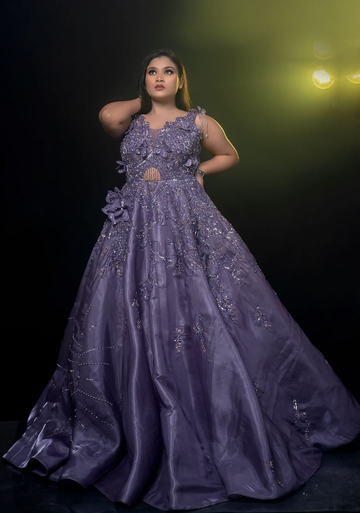 Blue Gray Organza Gown with embroidery, Customizable, Made to Order