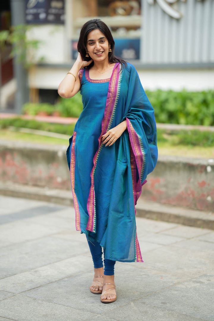 Shraddha Teal Handloom Kurti Set (Set of 2) | SHOBITAM