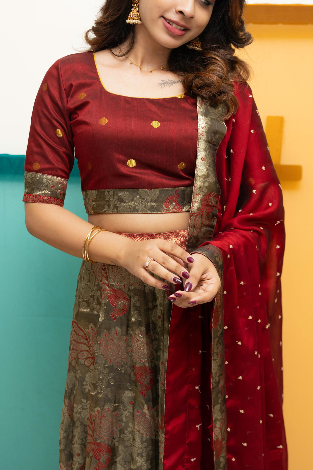 Ishwarya Maroon Crop top & Skirt| Made To Order