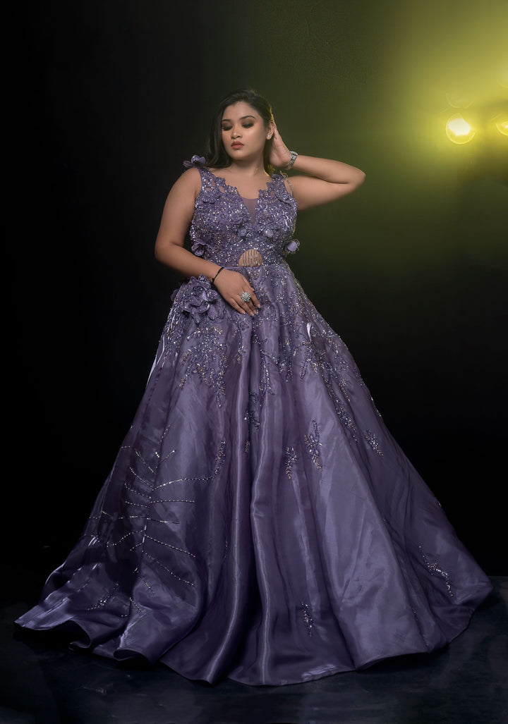 Blue Gray Organza Gown with embroidery, Customizable, Made to Order