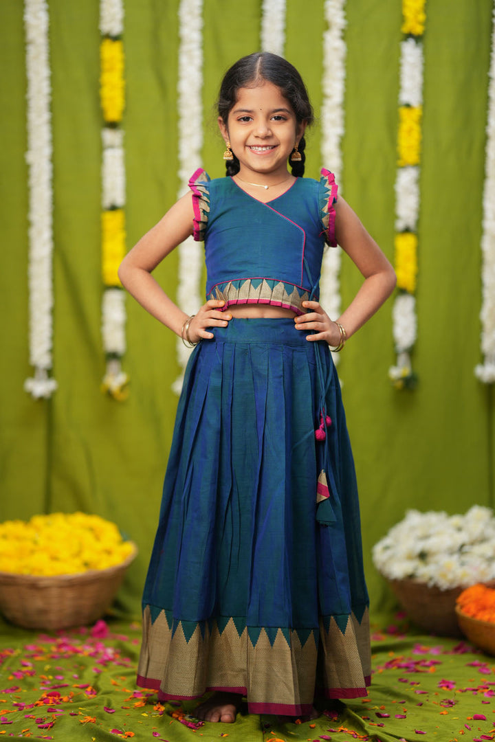 Gautami Teal Handlloom Top & Skirt Mini | Made to Order | SHOBITAM