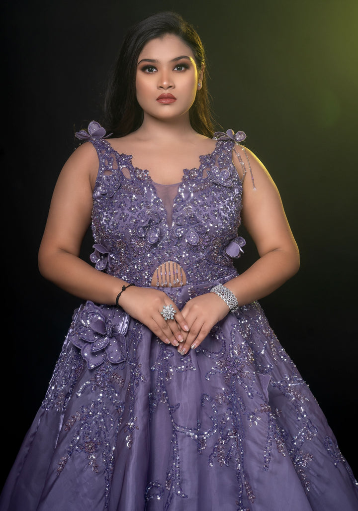 Blue Gray Organza Gown with embroidery, Customizable, Made to Order