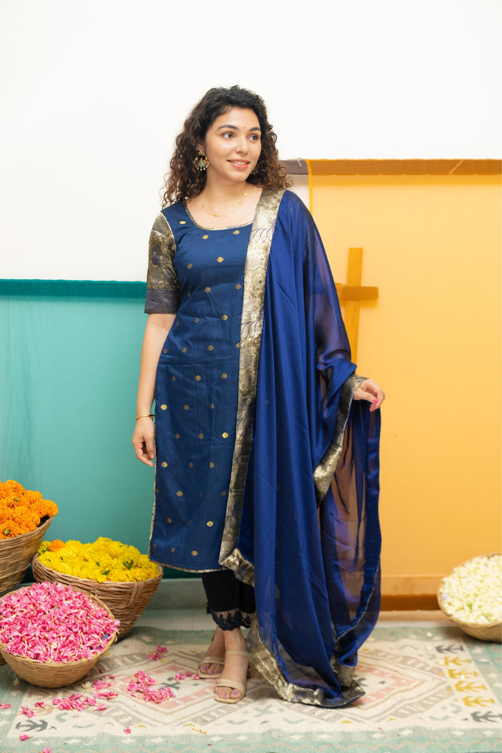 Nikitha Navy Blue Kurti with Dupatta 2 Piece Set | Shobitam Custom Gowns | Made To Order
