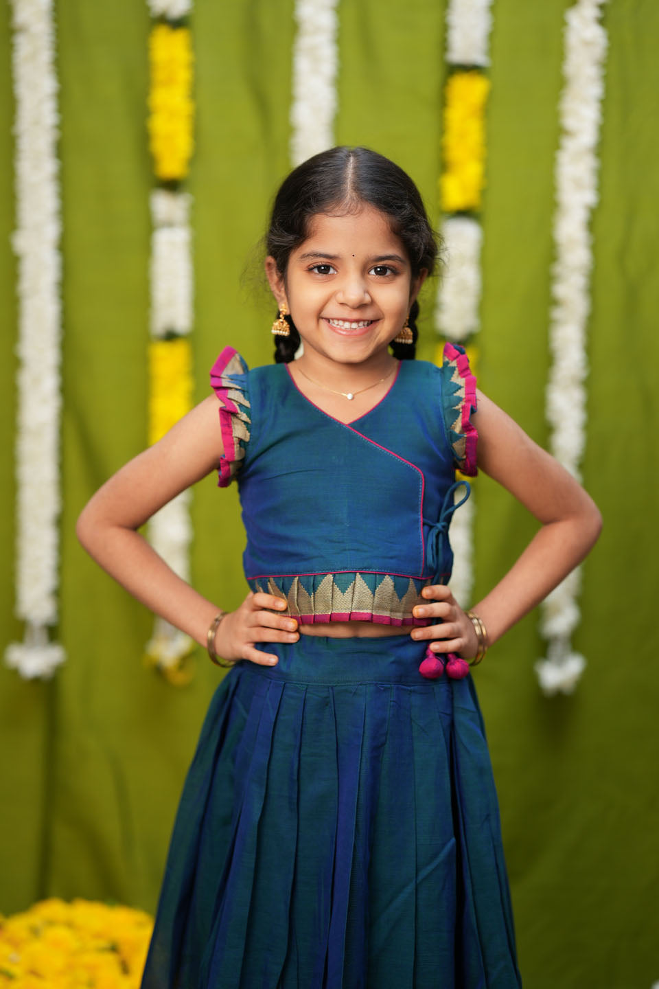 Gautami Teal Handlloom Top & Skirt Mini | Made to Order | SHOBITAM