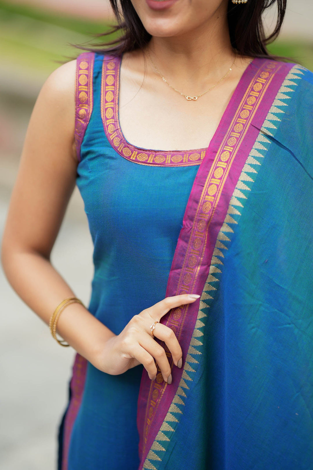 Shraddha Teal Handloom Kurti Set (Set of 2) | SHOBITAM