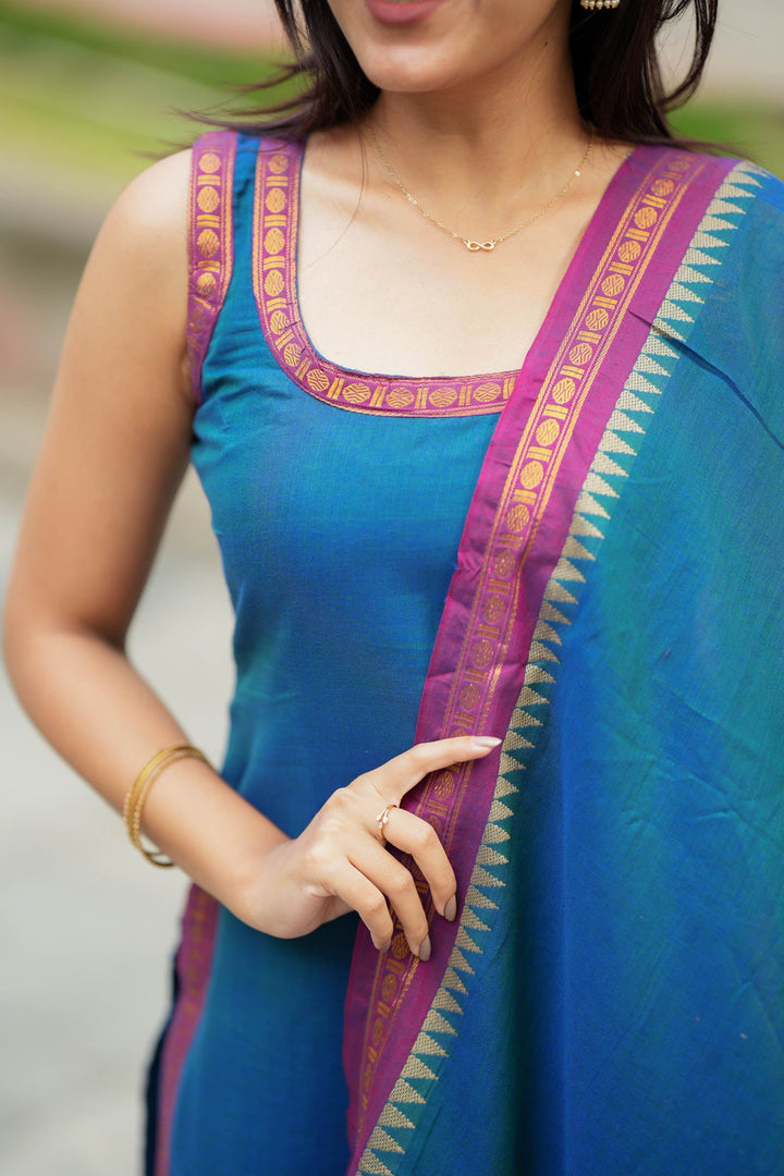 Shraddha Teal Handloom Kurti Set (Set of 2) | SHOBITAM