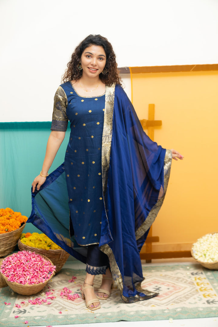 Nikitha Navy Blue Kurti with Dupatta 2 Piece Set | Shobitam Custom Gowns | Made To Order