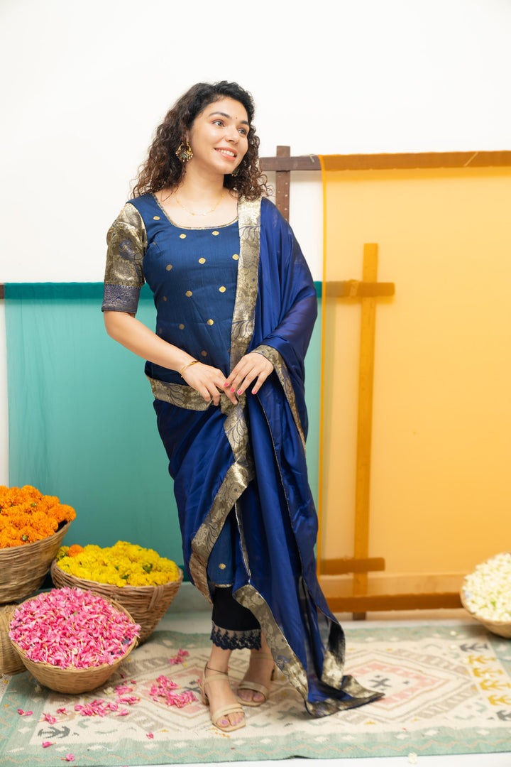 Nikitha Navy Blue Kurti with Dupatta 2 Piece Set | Shobitam Custom Gowns | Made To Order