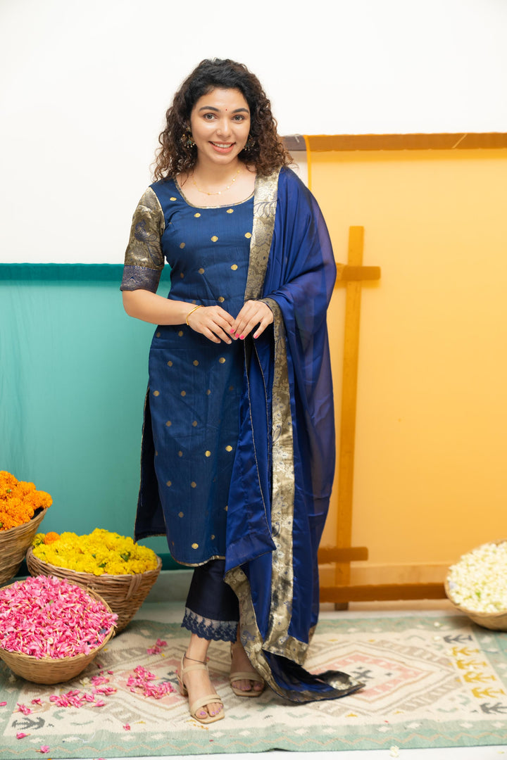 Nikitha Navy Blue Kurti with Dupatta 2 Piece Set | Shobitam Custom Gowns | Made To Order