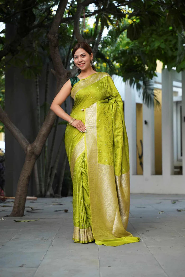 Chartreuse Banarasi Mashru Silk Ready-to-Wear Saree with All-Over Zari Buti & Royal Heritage Weave | SILK MARK CERTIFIED