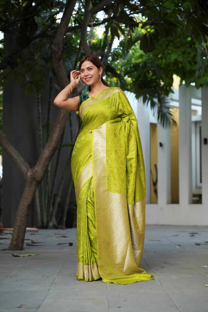 Chartreuse Banarasi Mashru Silk Ready-to-Wear Saree with All-Over Zari Buti & Royal Heritage Weave | SILK MARK CERTIFIED