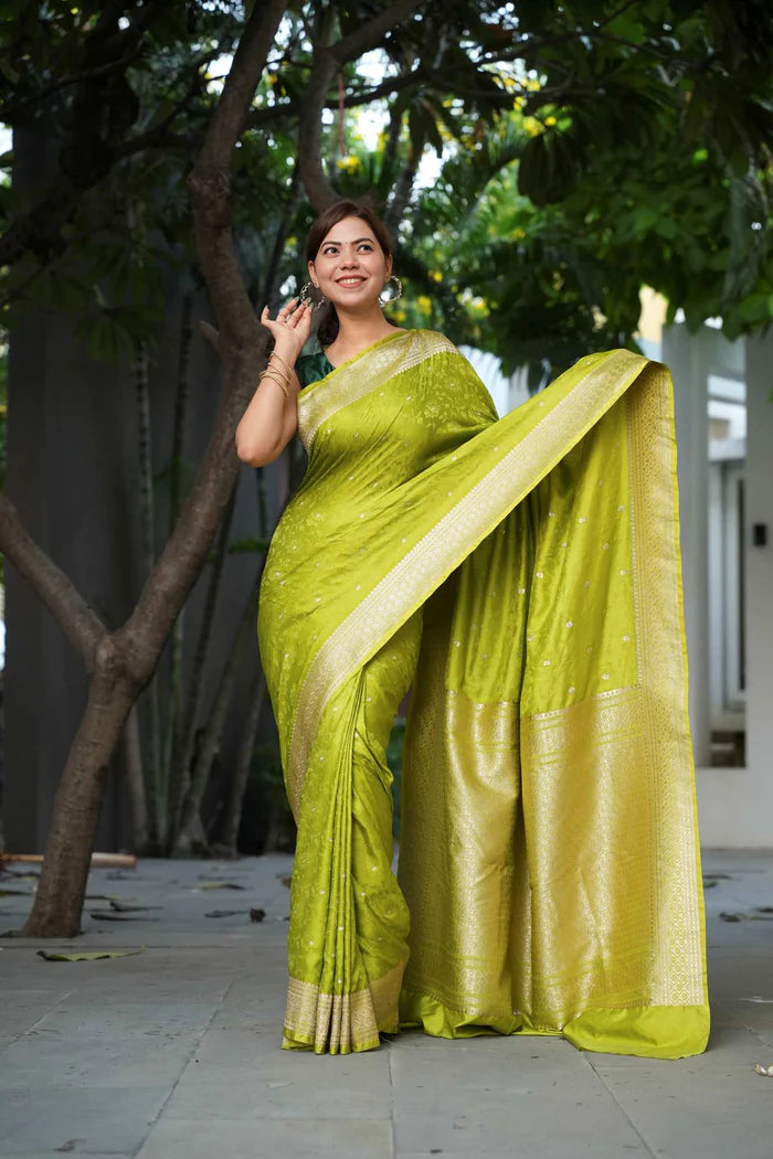 Chartreuse Banarasi Mashru Silk Ready-to-Wear Saree with All-Over Zari Buti & Royal Heritage Weave | SILK MARK CERTIFIED