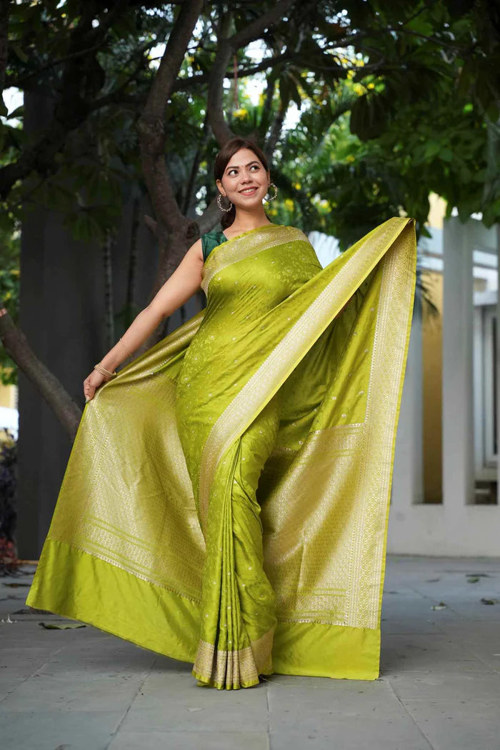Chartreuse Banarasi Mashru Silk Ready-to-Wear Saree with All-Over Zari Buti & Royal Heritage Weave | SILK MARK CERTIFIED