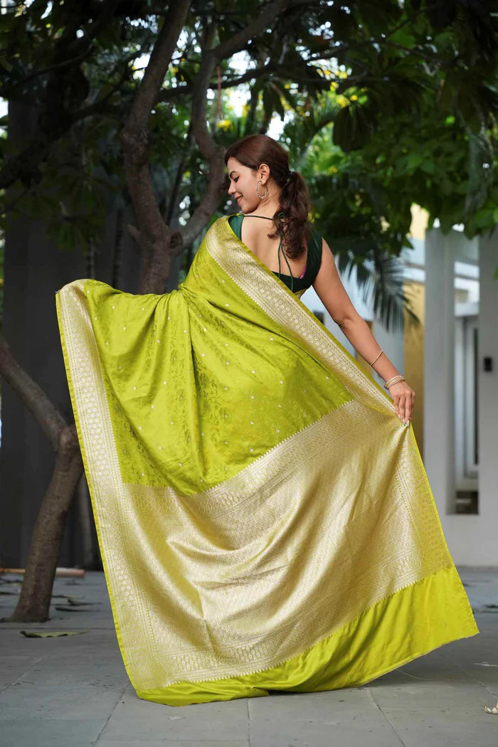 Chartreuse Banarasi Mashru Silk Ready-to-Wear Saree with All-Over Zari Buti & Royal Heritage Weave | SILK MARK CERTIFIED