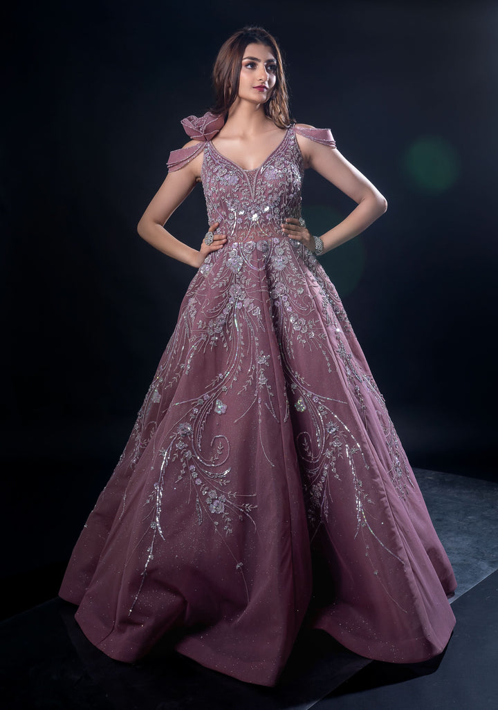 Mauve Gown with embroidery, Customizable, Made to Order