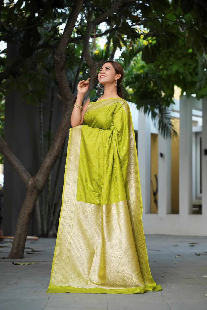 Chartreuse Banarasi Mashru Silk Ready-to-Wear Saree with All-Over Zari Buti & Royal Heritage Weave | SILK MARK CERTIFIED