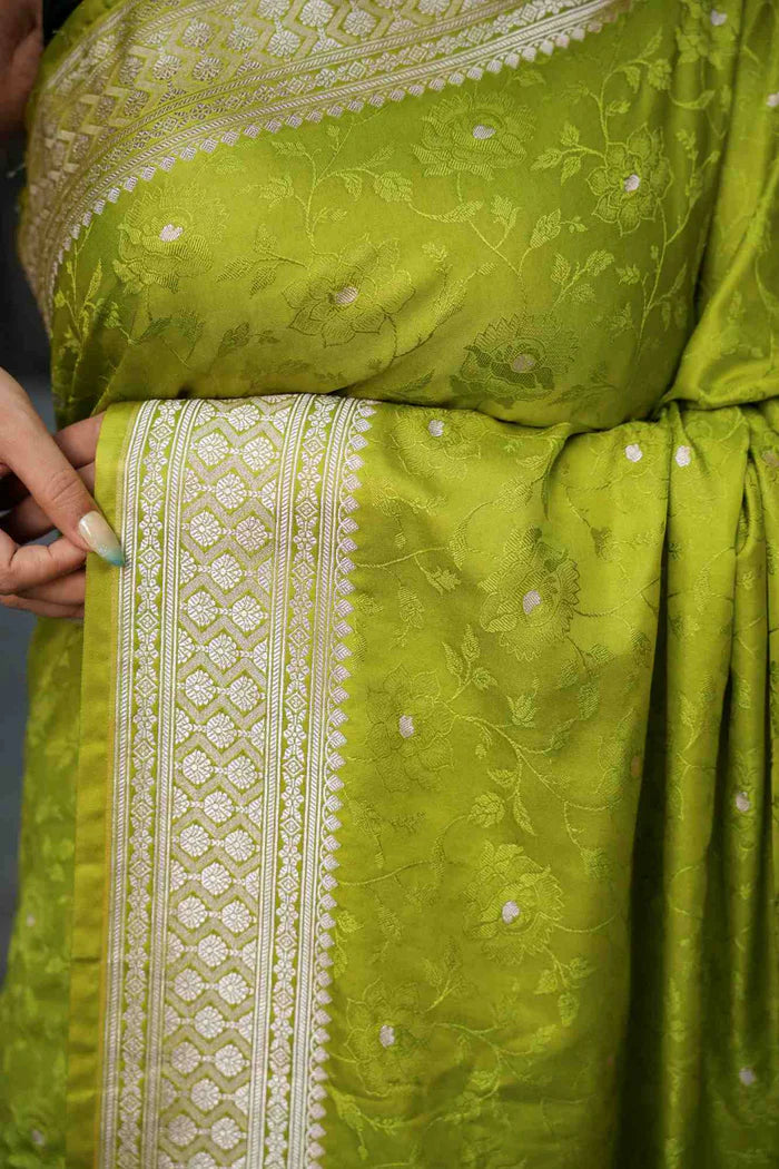 Chartreuse Banarasi Mashru Silk Ready-to-Wear Saree with All-Over Zari Buti & Royal Heritage Weave | SILK MARK CERTIFIED