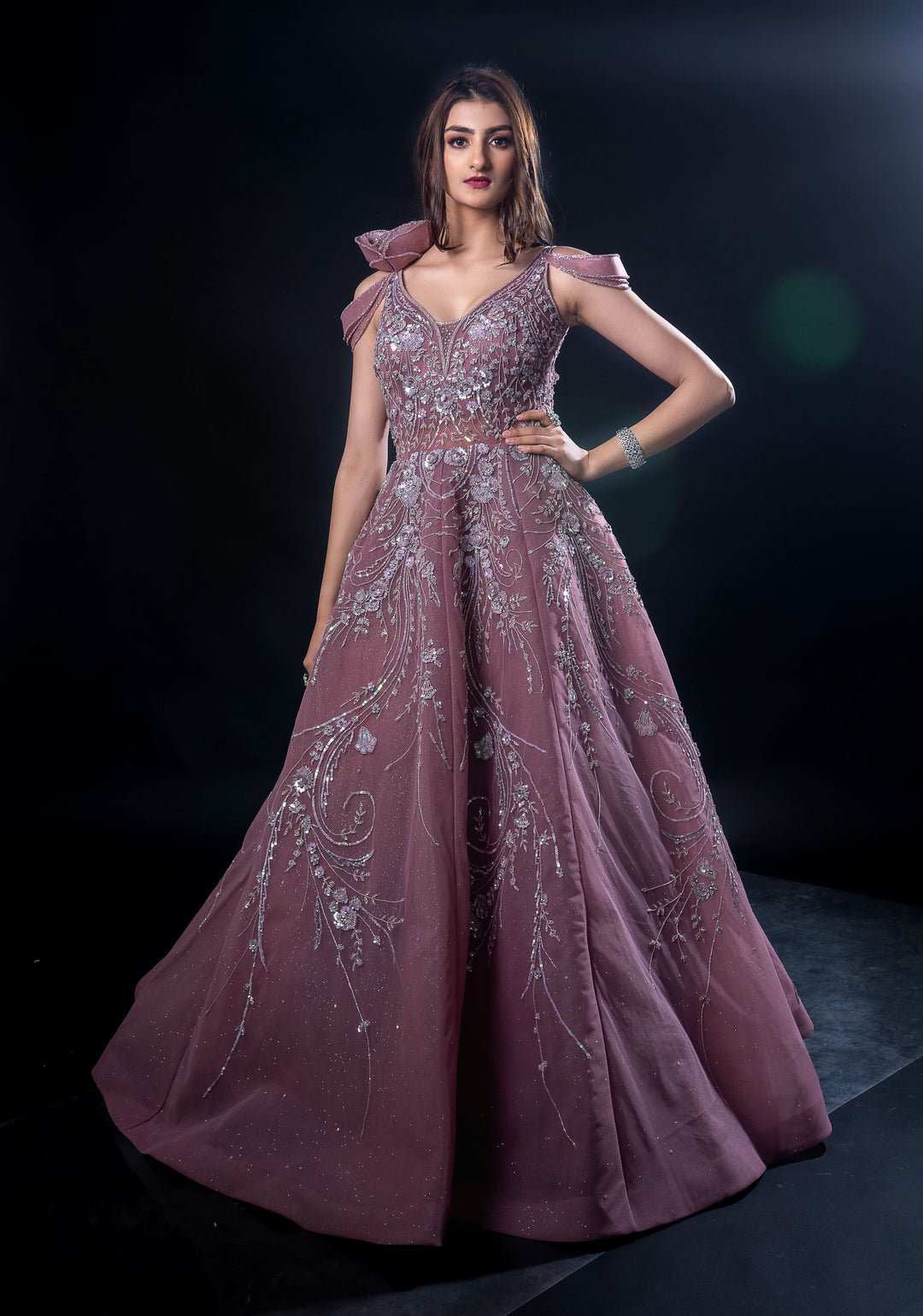 Mauve Gown with embroidery, Customizable, Made to Order