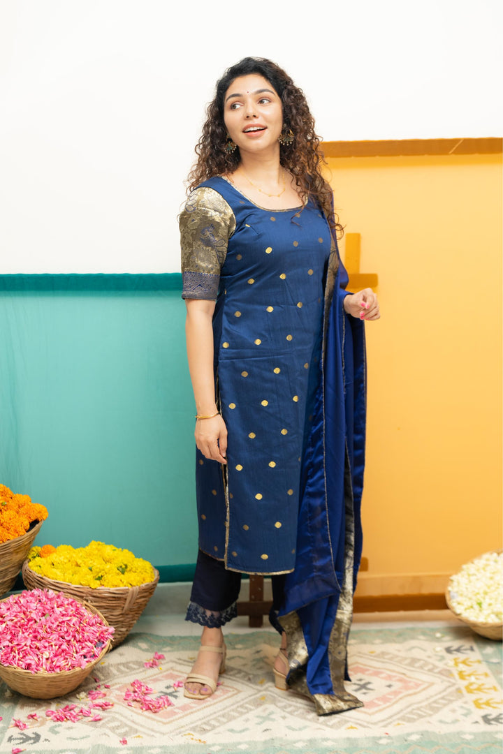 Nikitha Navy Blue Kurti with Dupatta 2 Piece Set | Shobitam Custom Gowns | Made To Order