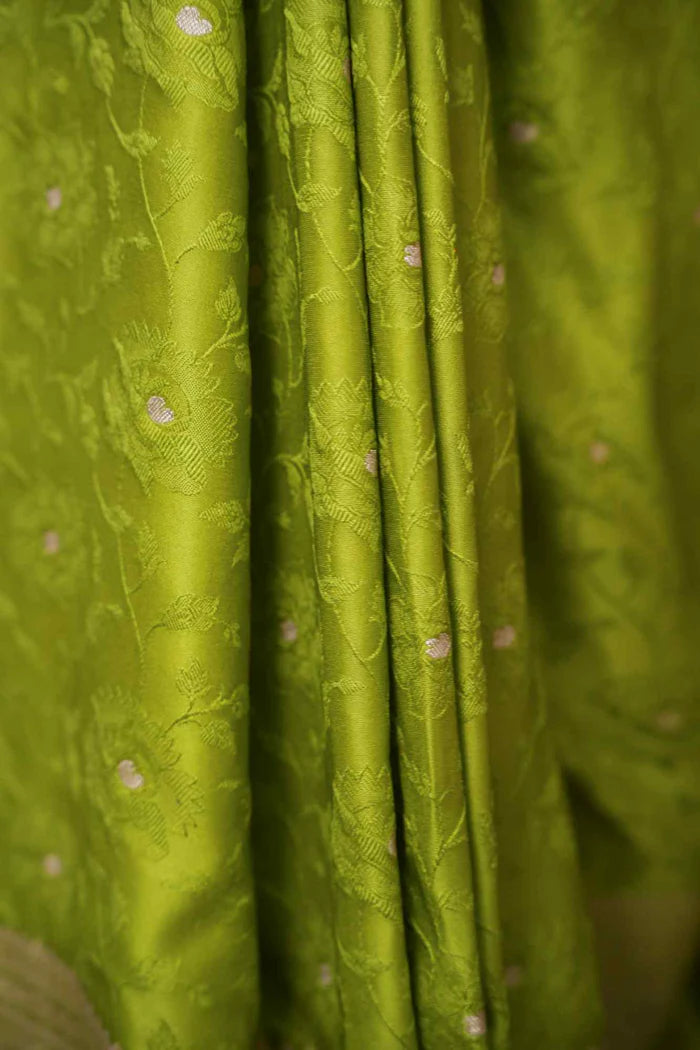 Chartreuse Banarasi Mashru Silk Ready-to-Wear Saree with All-Over Zari Buti & Royal Heritage Weave | SILK MARK CERTIFIED
