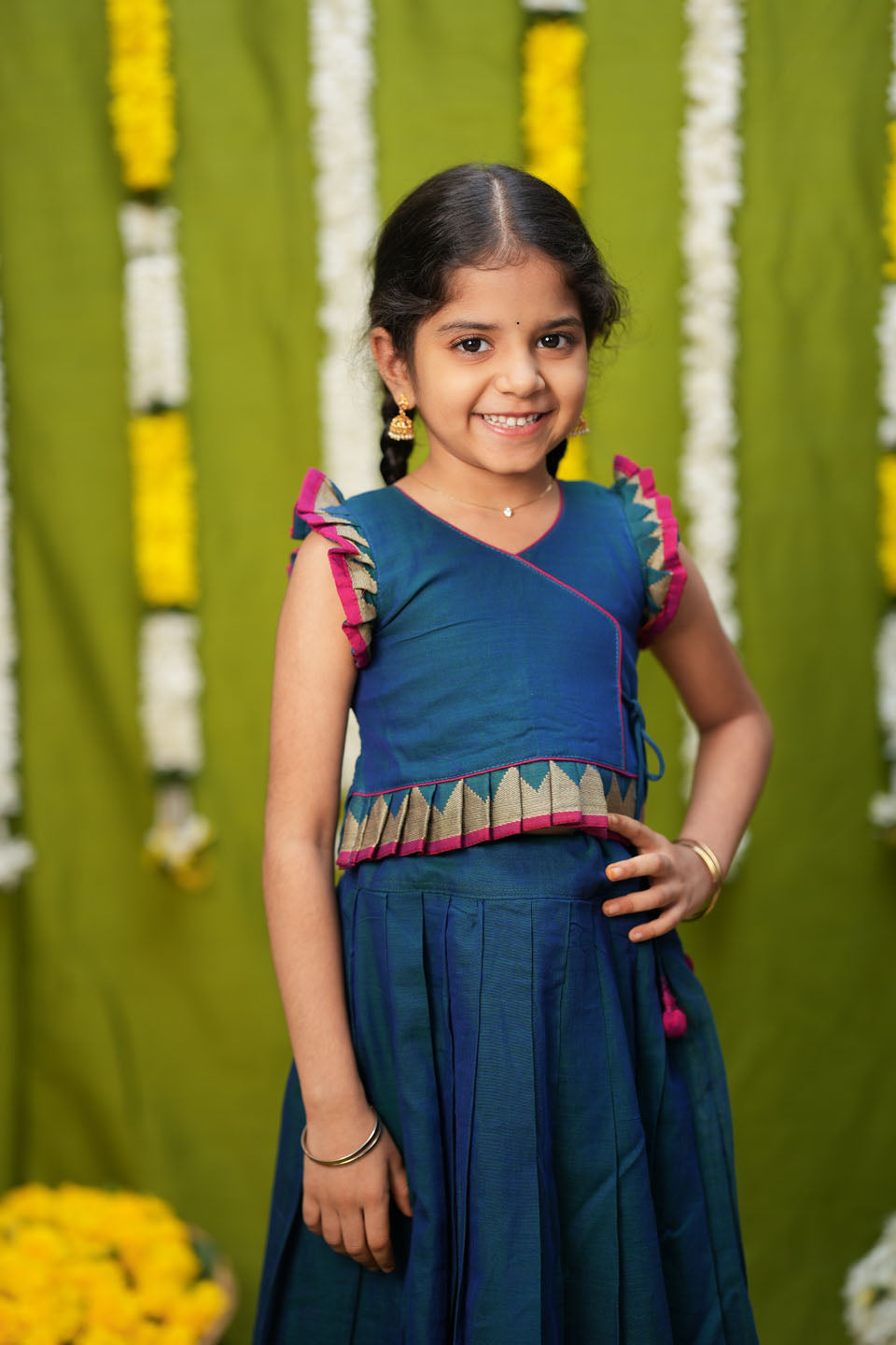 Gautami Teal Handlloom Top & Skirt Mini | Made to Order | SHOBITAM