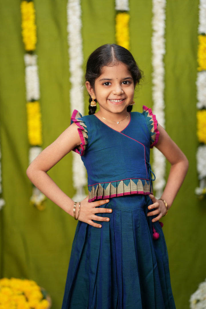 Gautami Teal Handlloom Top & Skirt Mini | Made to Order | SHOBITAM