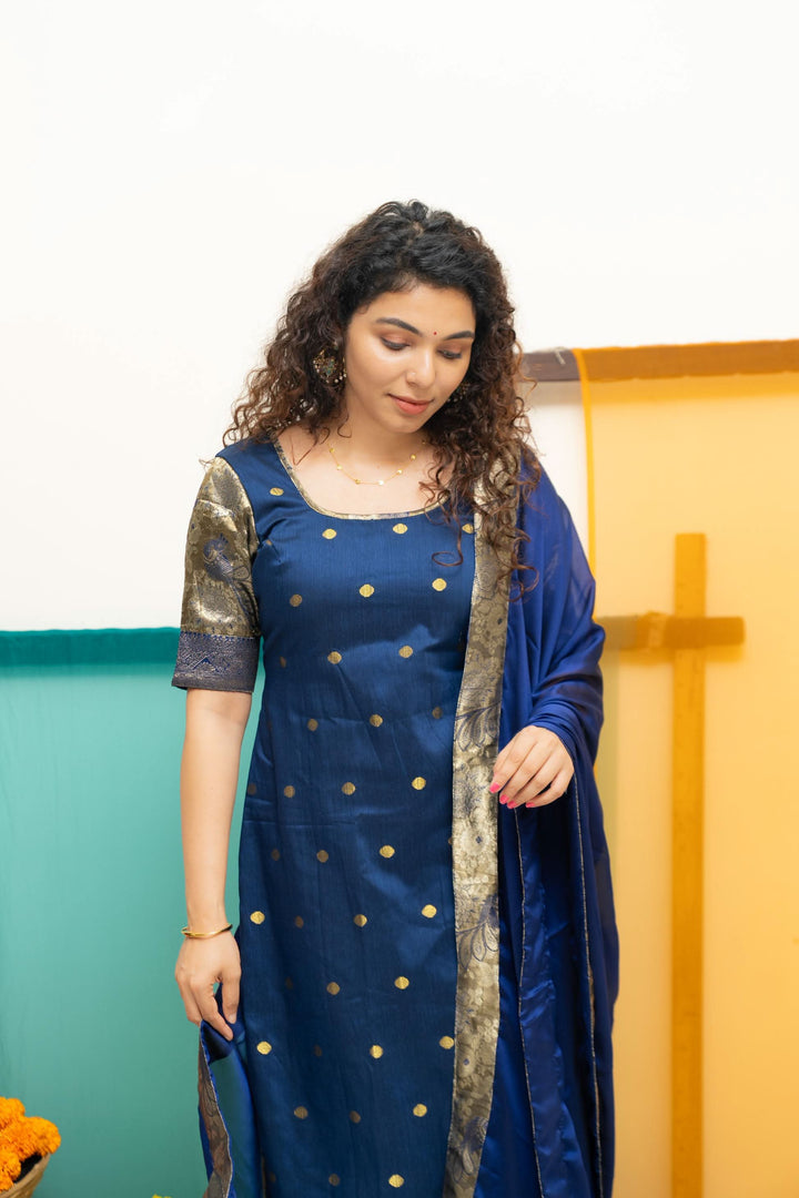 Nikitha Navy Blue Kurti with Dupatta 2 Piece Set | Shobitam Custom Gowns | Made To Order