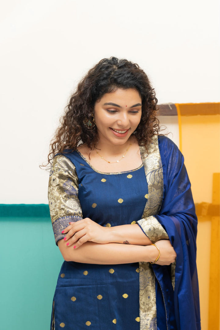 Nikitha Navy Blue Kurti with Dupatta 2 Piece Set | Shobitam Custom Gowns | Made To Order