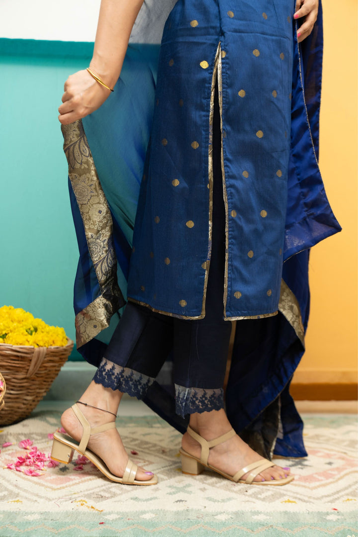 Nikitha Navy Blue Kurti with Dupatta 2 Piece Set | Shobitam Custom Gowns | Made To Order