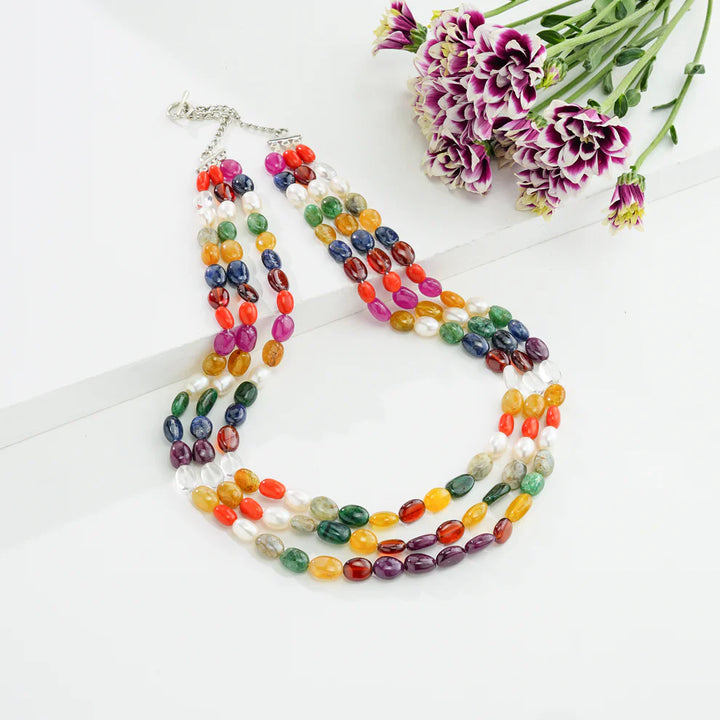 3 Strand Natural Navaratna Beads Necklace