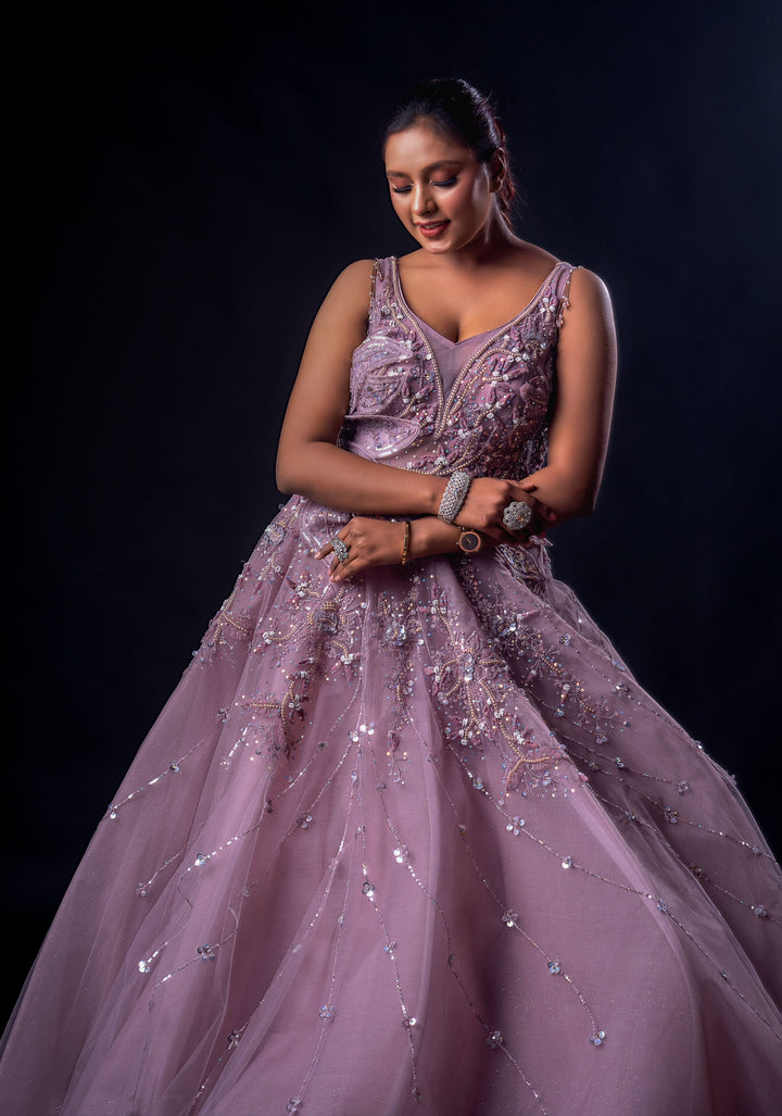 Dusty Rose Pink Gown with embroidery, Customizable, Made to Order