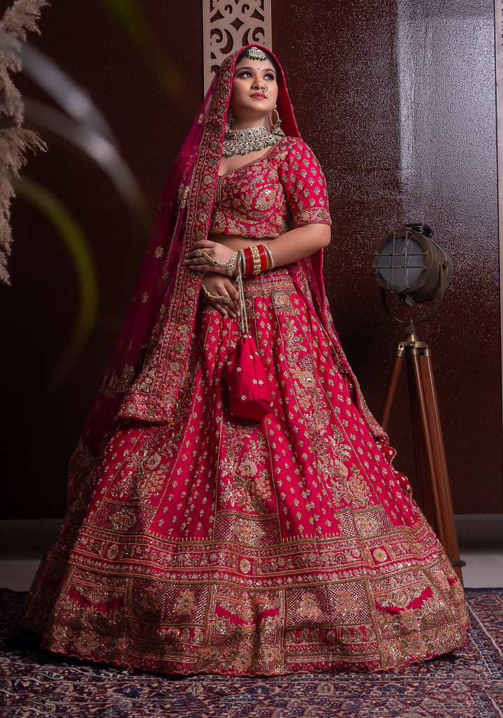 Reddish Pink Bridal Lehenga with hand embroidery, Customizable, Made to Order