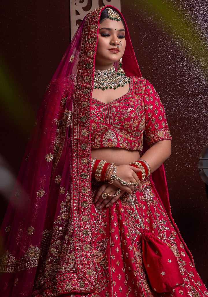 Reddish Pink Bridal Lehenga with hand embroidery, Customizable, Made to Order