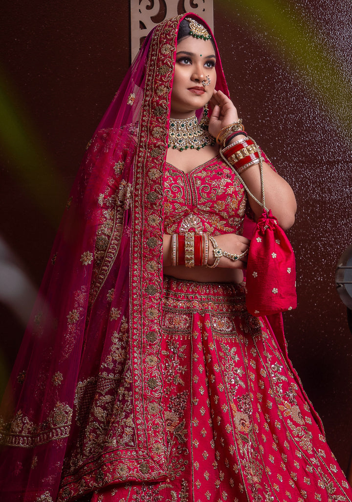 Reddish Pink Bridal Lehenga with hand embroidery, Customizable, Made to Order