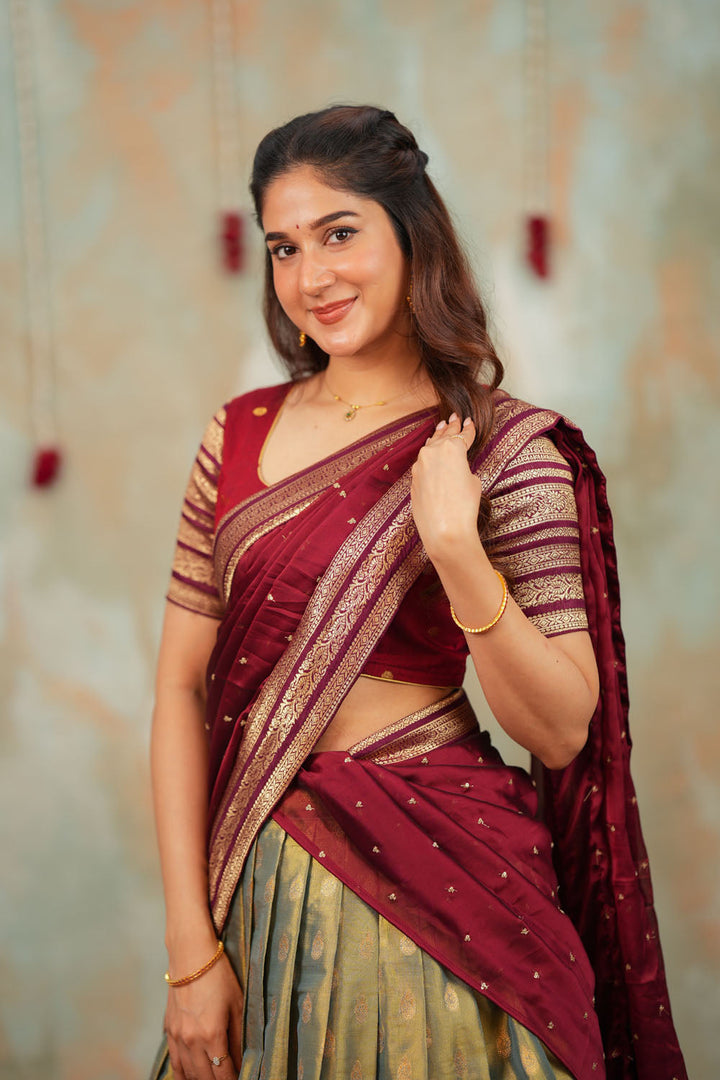 Mayuri Mint Green with Maroon Halfsaree (Set of 3) | SHOBITAM