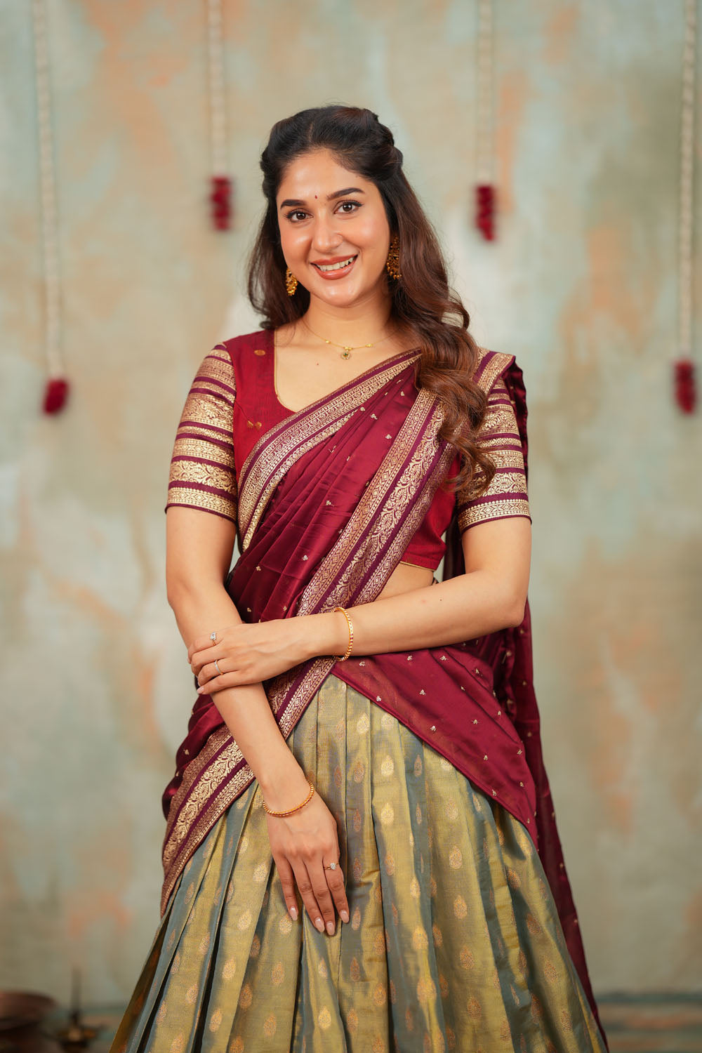 Mayuri Mint Green with Maroon Halfsaree (Set of 3) | SHOBITAM