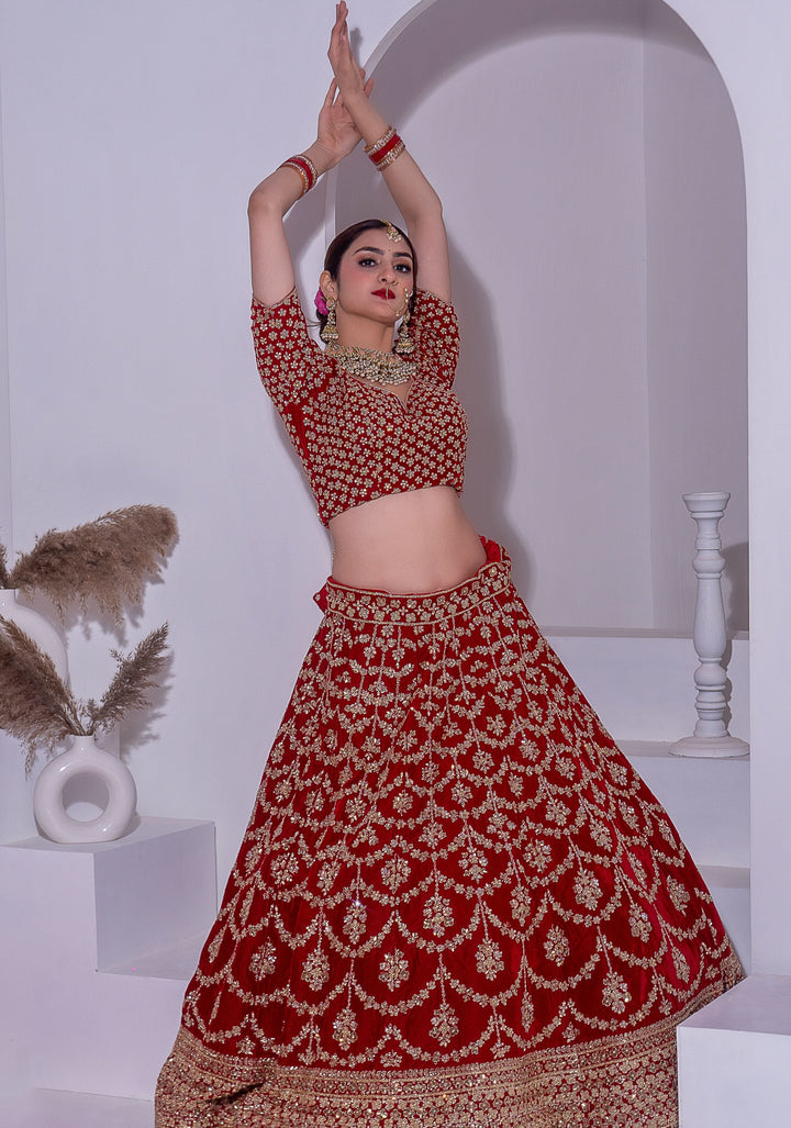 Idalia Red Bridal Lehenga in Velvet, Customizable, Made to Order