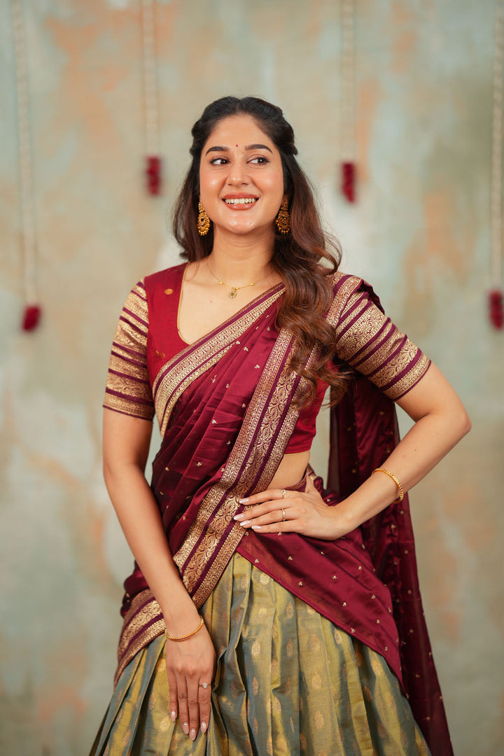 Mayuri Mint Green with Maroon Halfsaree (Set of 3) | SHOBITAM