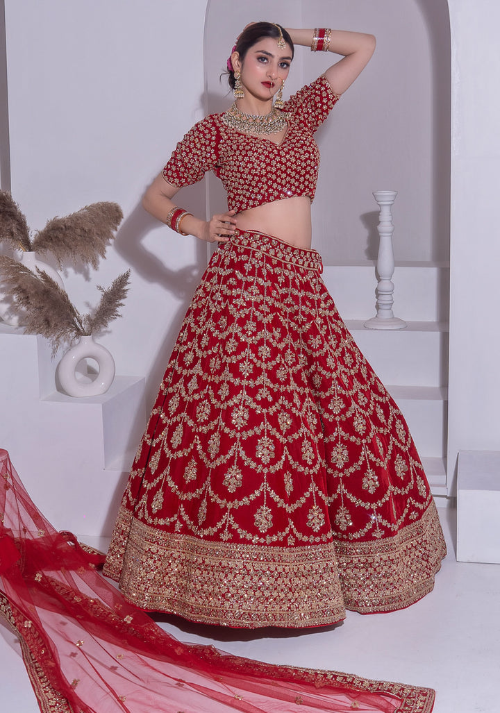 Idalia Red Bridal Lehenga in Velvet, Customizable, Made to Order