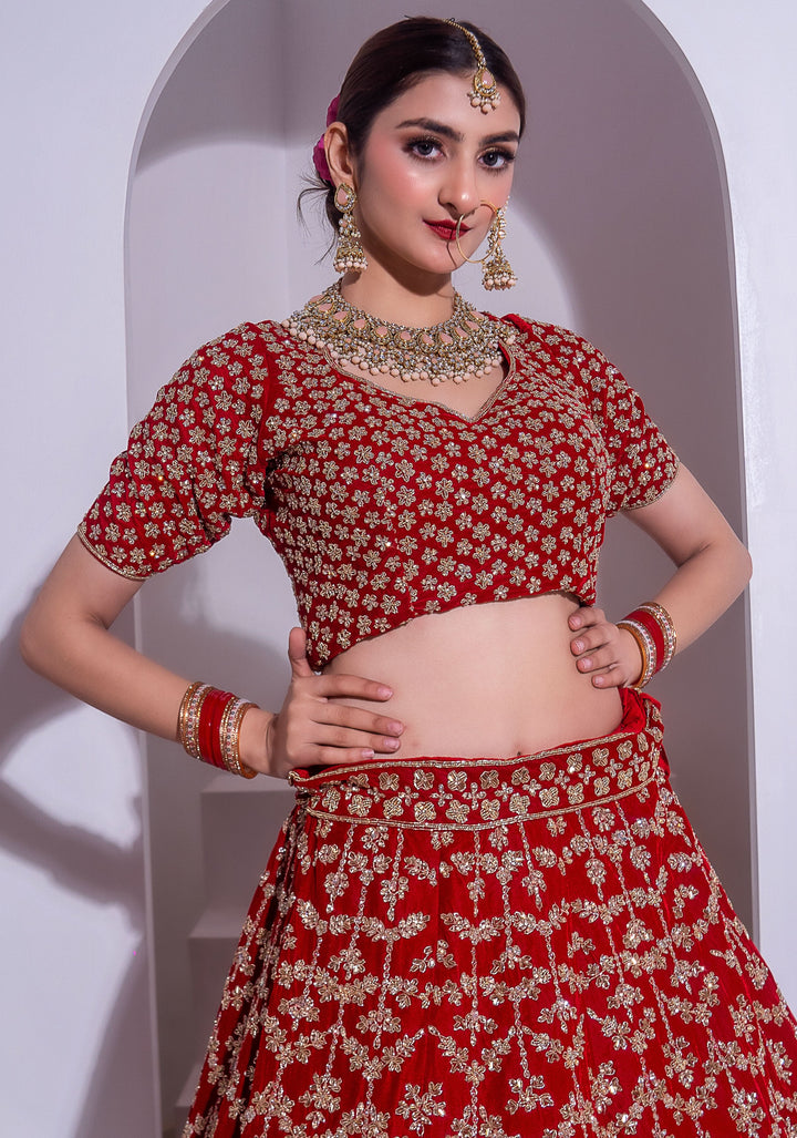 Idalia Red Bridal Lehenga in Velvet, Customizable, Made to Order